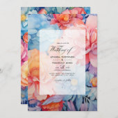 Lichtblauw, koraal en perzik bruiloft kaart (Voorkant / Achterkant)