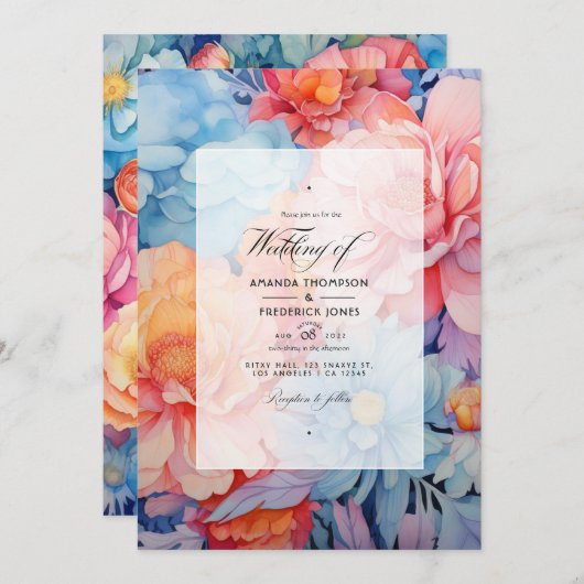 Lichtblauw, koraal en perzik bruiloft kaart (Voorkant / Achterkant)