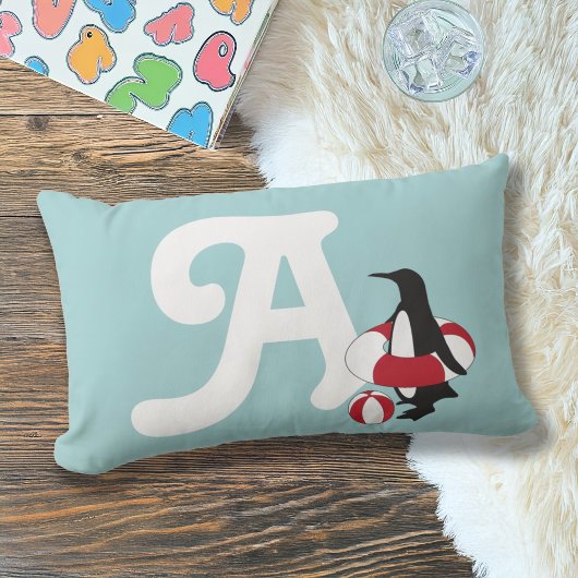 Lichtblauw Leuke Pinguïn Zwemmend Kinder Monogram Kussen