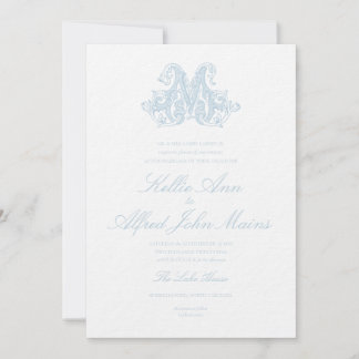 Lichtblauw "M" Monogram Huwelijksuitnodiging Kaart