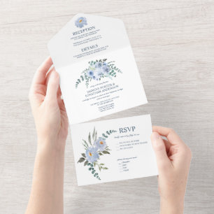 Lichtblauw & Marineblauw Aquarel Bloemen   All In One Uitnodiging