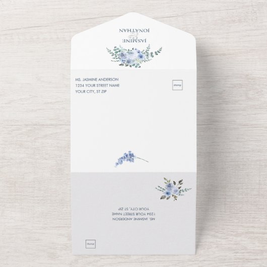 Lichtblauw & Marineblauw Waterverf Bloemen | All In One Uitnodiging (Buitenkant)
