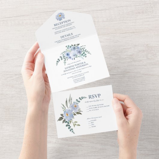 Lichtblauw & Marineblauw Waterverf Bloemen | All In One Uitnodiging (Afscheurbaar)