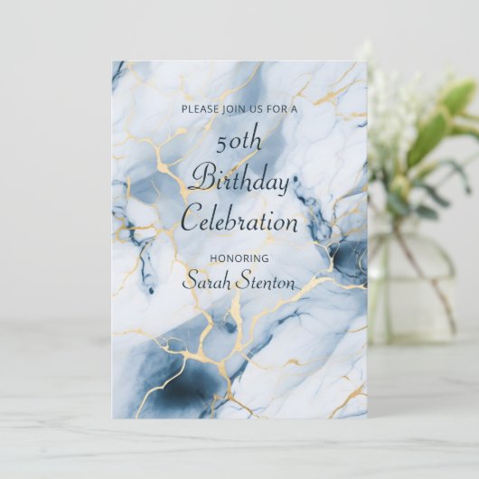 Lichtblauw marmer 50ste verjaardag kaart (Staand voorkant)