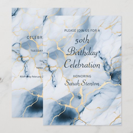 Lichtblauw marmer 50ste verjaardag kaart (Voorkant / Achterkant)
