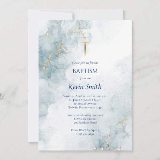 Lichtblauw Marmer Goud Glitter Orthodoxe doop Kaart (Voorkant)