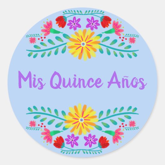 Lichtblauw Mis Quince Anos Mexicaans Feest Bloemmo Ronde Sticker (Voorkant)