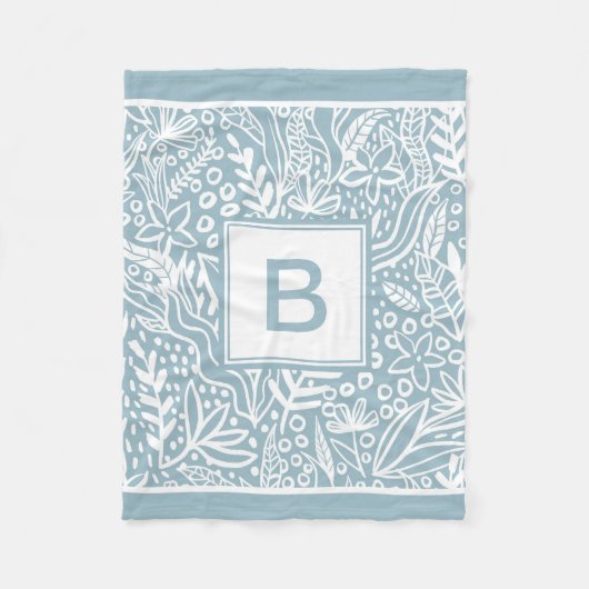 Lichtblauw Modern Botanisch Patroon Monogram Fleece Deken (Voorkant)