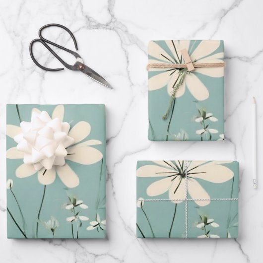 Lichtblauw Moderne Groovy Daisy Bloemen Inpakpapier Vel (Voorkant)