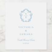 Lichtblauw Monogram Crest Bruiloft Wijn Etiket (Enkel label)