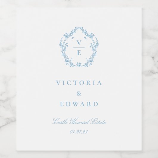 Lichtblauw Monogram Crest Bruiloft Wijn Etiket (Enkel label)