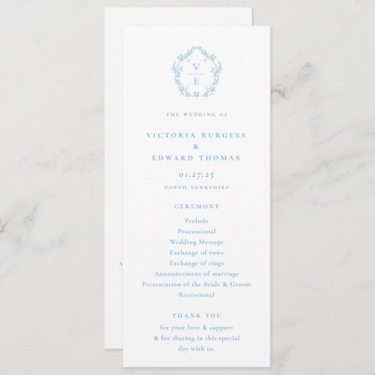  Lichtblauw Monogram Crest Trouwprogramma Programmakaart (Voorkant / Achterkant)