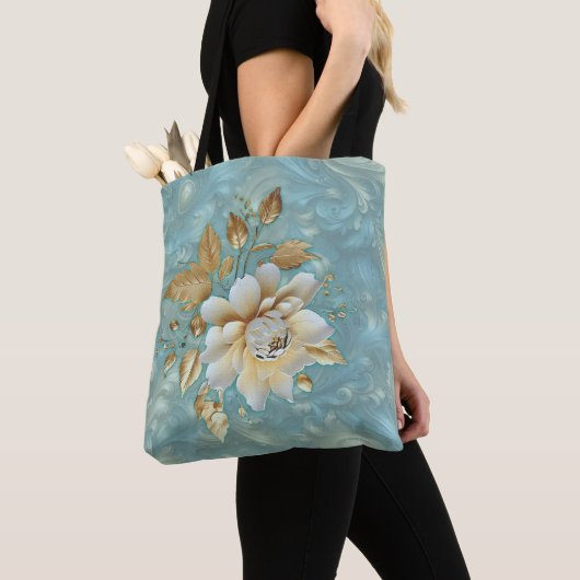 Lichtblauw palet op een Brons Gold Barogue ontwerp Tote Bag (Dichtbij)