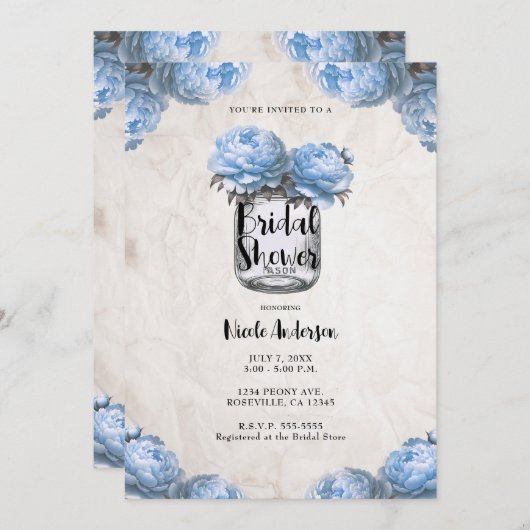 Lichtblauw Peony Mason Jar Rustiek Vrijgezellenfee Kaart (Voorkant / Achterkant)