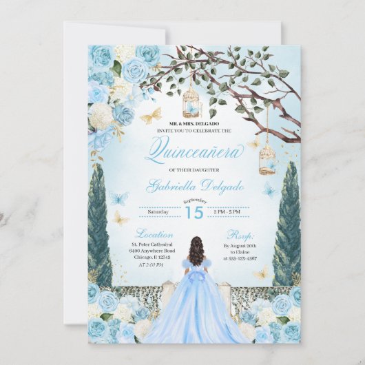 Lichtblauw Prinses Betoverde Tuin Quinceanera Kaart (Voorkant)