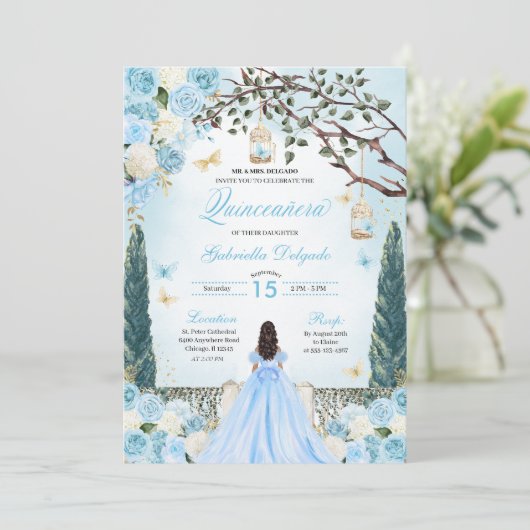 Lichtblauw Prinses Betoverde Tuin Quinceanera Kaart (Staand voorkant)