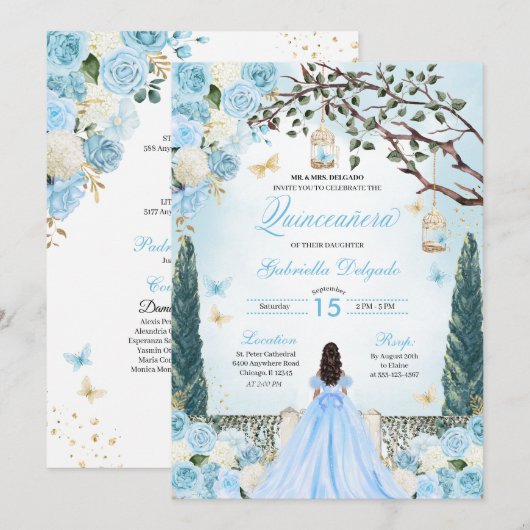 Lichtblauw Prinses Betoverde Tuin Quinceanera Kaart (Voorkant / Achterkant)
