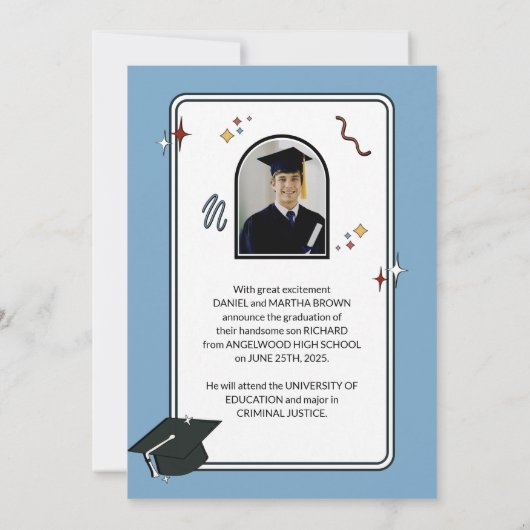 Lichtblauw retro squiggle golvend afstuderen aankondiging (Achterkant)