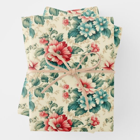  lichtblauw rood Victoriaans bloemontwerp Inpakpapier Vel (In situ)