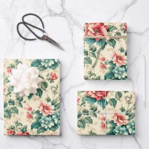 lichtblauw rood Victoriaans bloemontwerp Inpakpapier Vel