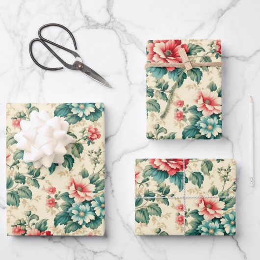 lichtblauw rood Victoriaans bloemontwerp Inpakpapier Vel (Voorkant)