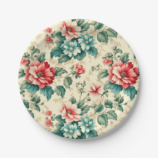 lichtblauw rood Victoriaans bloemontwerp Papieren Bordje (Voorkant)