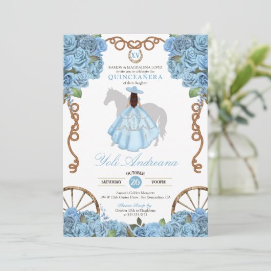 Lichtblauw Roos Charra Quinceanera Kaart (Staand voorkant)