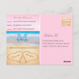 Lichtblauw Roze 2 Hart Zand Strand Huwelijk RSVP Briefkaart