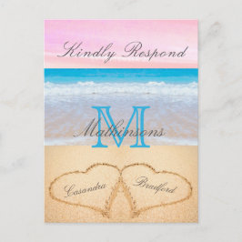 Lichtblauw Roze 2 Hart Zand Strand Huwelijk RSVP Briefkaart
