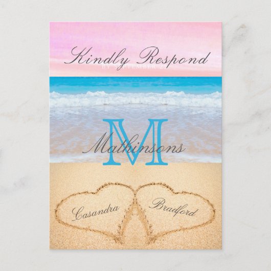 Lichtblauw Roze 2 Hart Zand Strand Huwelijk RSVP Briefkaart (Voorkant)