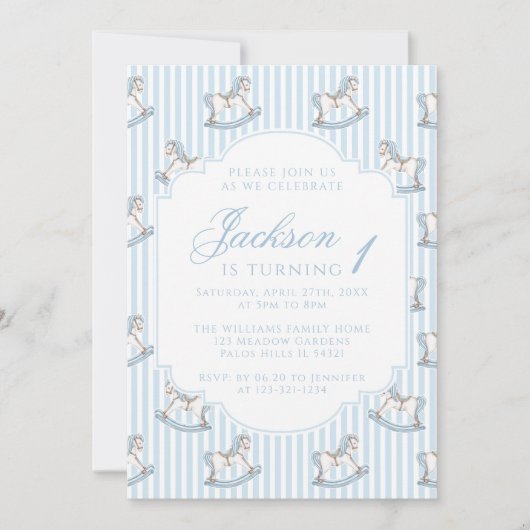 Lichtblauw schommelend paard gestreept boho verjaa kaart (Voorkant)