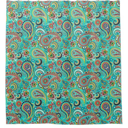 Lichtblauw Sinaasappel geel Paisley Pattern Douchegordijn (Voorkant)