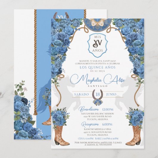 Lichtblauw Sky Bloemen Western Charro Quinceañera Kaart (Voorkant / Achterkant)