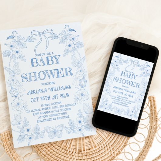 Lichtblauw Toile Bow Boy Baby shower Kaart