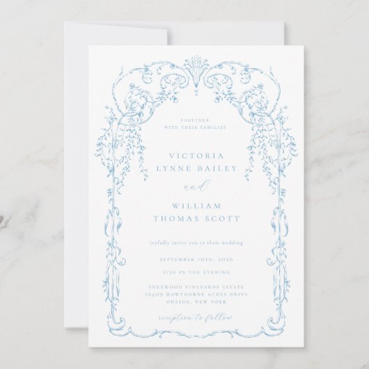 Lichtblauw Victoriaans Lijst bruiloft Kaart (Voorkant)