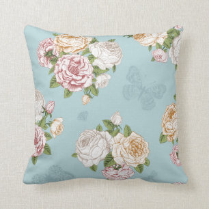 lichtblauw, vintage, bloemen, leuke vlinder, kussen