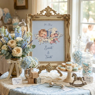 Lichtblauw Vintage Jongens Babyfeest Sweets & Trea Poster