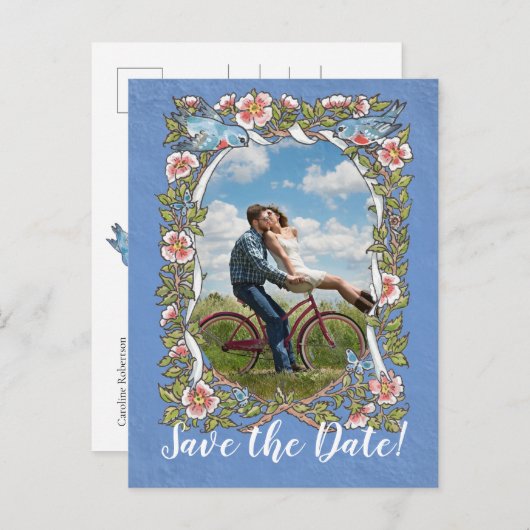 Lichtblauw Vogel Bloemen Foto Bruiloft Opslaan Dat Aankondigingskaart (Voorkant / Achterkant)