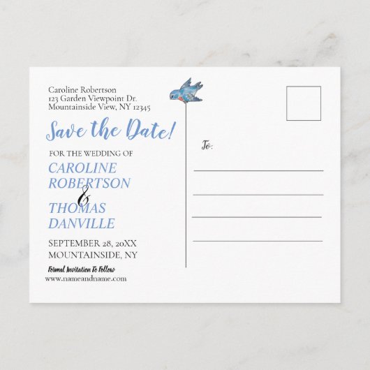 Lichtblauw Vogel Bloemen Foto Bruiloft Opslaan Dat Aankondigingskaart (Achterkant)