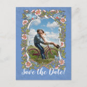 Lichtblauw Vogel Bloemen Foto Bruiloft Opslaan Dat Aankondigingskaart (Voorkant)