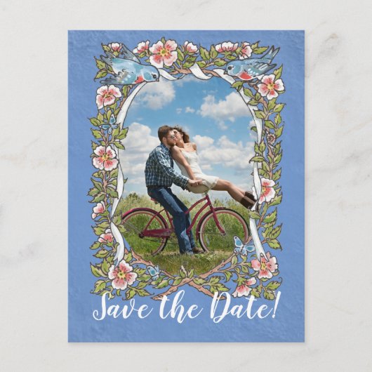 Lichtblauw Vogel Bloemen Foto Bruiloft Opslaan Dat Aankondigingskaart (Voorkant)