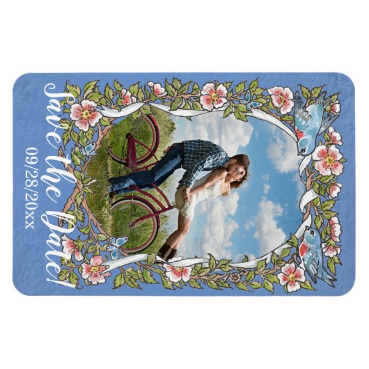 Lichtblauw Vogel Bloemen Foto Bruiloft Opslaan Dat Magneet (Horizontaal)