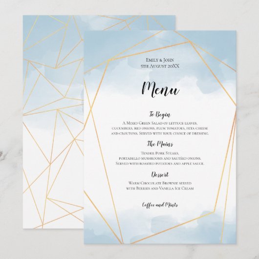 Lichtblauw Waterverf Goud Geometrisch Lijst Bruilo Menu (Voorkant / Achterkant)