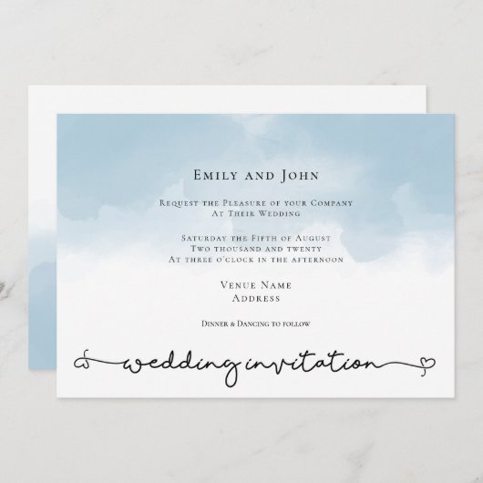 Lichtblauw Waterverf Hart met Krullen Schrift Brui Kaart (Voorkant / Achterkant)