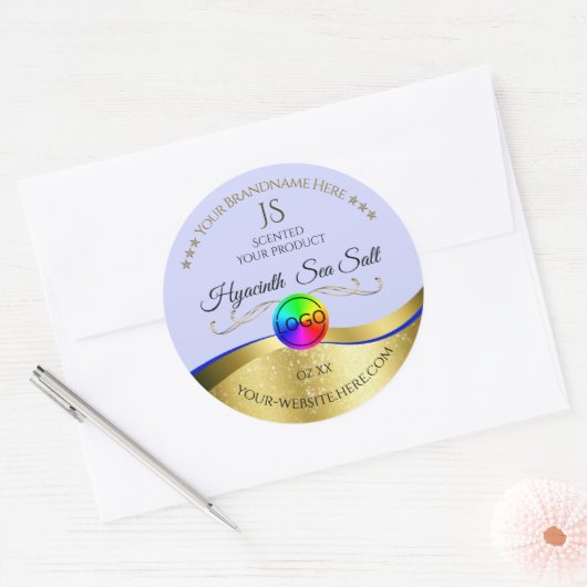 Lichtblauw Wavy Gold Logo Monogram Productlabel Ronde Sticker (Envelop)