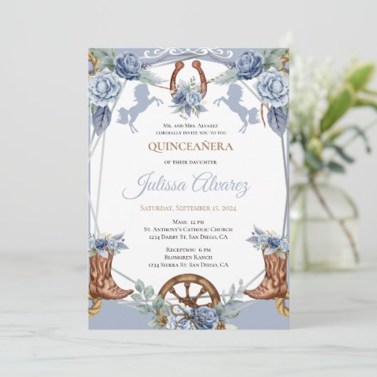 Lichtblauw Western Charra Quinceanera Uitnodiging (Staand voorkant)