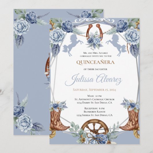 Lichtblauw Western Charra Quinceanera Uitnodiging (Voorkant / Achterkant)