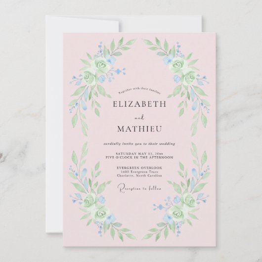 Lichtblauw Whimsical Bloemendesign Bruiloft Kaart (Voorkant)