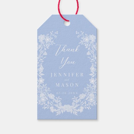 Lichtblauw wit bloemenboho bruiloft dank u cadeaulabel (Voorkant)