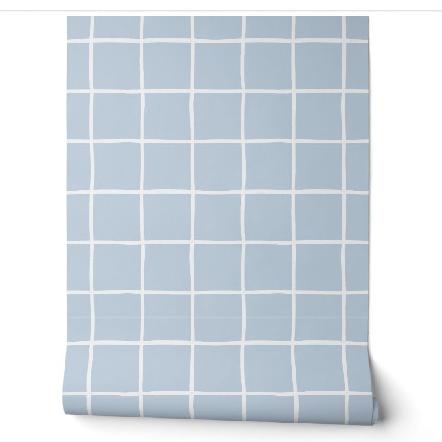 Lichtblauw Wit Geruit Scandinavisch Minimalistisch Behang (Afrollen)